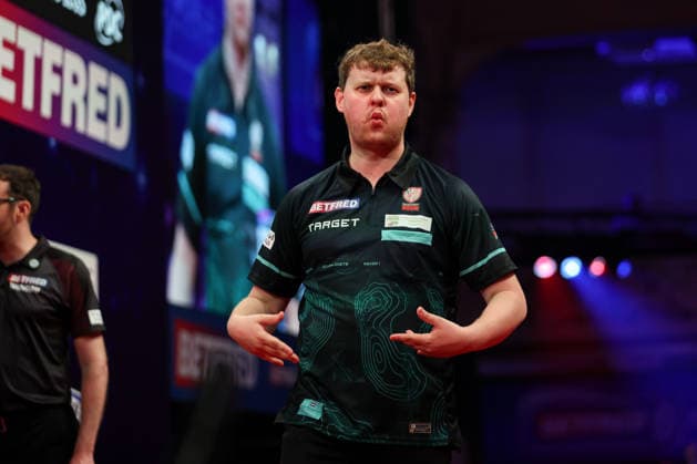 RECORD DATE NOT STATED 20th July 2026, Winter Gardens, Blackpool, Lancashire, England; 2026 Betfred World Matchplay Darts, Day Three; Kevin Doets reacts during his game against Ross Smith AidanxHunter