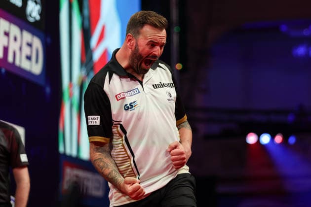 RECORD DATE NOT STATED 20th July 2026, Winter Gardens, Blackpool, Lancashire, England; 2026 Betfred World Matchplay Darts, Day Three; Ross Smith celebrates after winning his game against Kevin Doets AidanxHunter