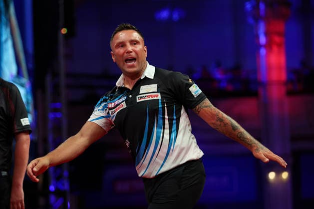 RECORD DATE NOT STATED 20th July 2026, Winter Gardens, Blackpool, Lancashire, England; 2026 Betfred World Matchplay Darts, Day Three; Gerwyn Price reacts during his game against Martin Schindler AidanxHunter