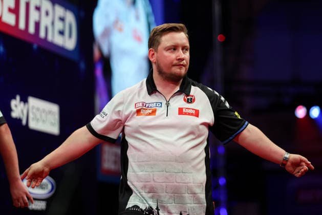 RECORD DATE NOT STATED 20th July 2026, Winter Gardens, Blackpool, Lancashire, England; 2026 Betfred World Matchplay Darts, Day Three; Martin Schindler reacts during his game against Gerwyn Price AidanxHunter