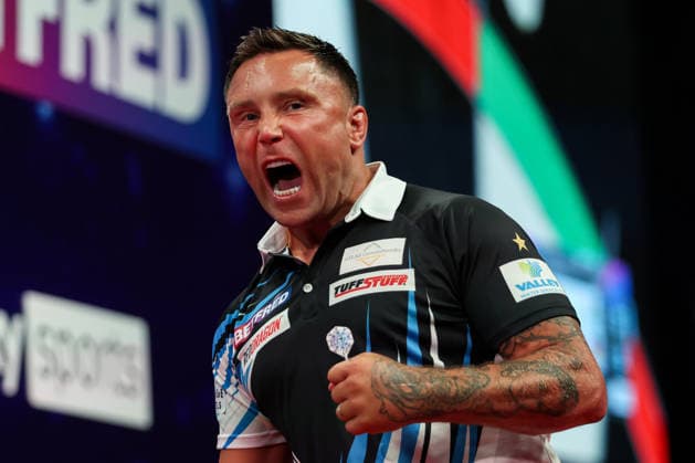 RECORD DATE NOT STATED 20th July 2026, Winter Gardens, Blackpool, Lancashire, England; 2026 Betfred World Matchplay Darts, Day Three; Gerwyn Price reacts during his game against Martin Schindler AidanxHunter