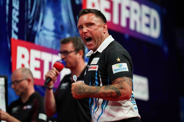RECORD DATE NOT STATED 20th July 2026, Winter Gardens, Blackpool, Lancashire, England; 2026 Betfred World Matchplay Darts, Day Three; Gerwyn Price reacts during his game against Martin Schindler AidanxHunter