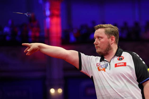 RECORD DATE NOT STATED 20th July 2026, Winter Gardens, Blackpool, Lancashire, England; 2026 Betfred World Matchplay Darts, Day Three; Martin Schindler in action at the oche during his game against Gerwyn Price AidanxHunter