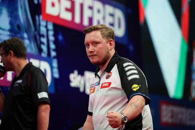 RECORD DATE NOT STATED 20th July 2026, Winter Gardens, Blackpool, Lancashire, England; 2026 Betfred World Matchplay Darts, Day Three; Martin Schindler reacts during his game against Gerwyn Price AidanxHunter
