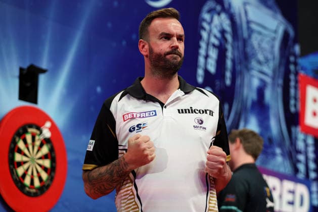 RECORD DATE NOT STATED 20th July 2026, Winter Gardens, Blackpool, Lancashire, England; 2026 Betfred World Matchplay Darts, Day Three; Ross Smith celebrates after winning his game against Kevin Doets AidanxHunter