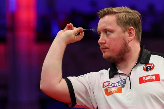 RECORD DATE NOT STATED 20th July 2026, Winter Gardens, Blackpool, Lancashire, England; 2026 Betfred World Matchplay Darts, Day Three; Martin Schindler in action at the oche during his game against Gerwyn Price AidanxHunter