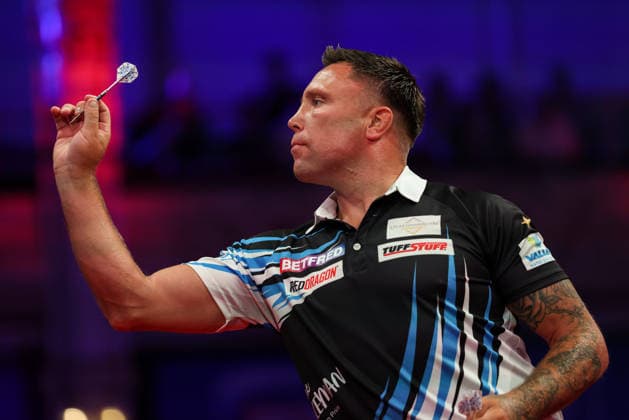 RECORD DATE NOT STATED 20th July 2026, Winter Gardens, Blackpool, Lancashire, England; 2026 Betfred World Matchplay Darts, Day Three; Gerwyn Price in action at the oche during his game against Martin Schindler AidanxHunter