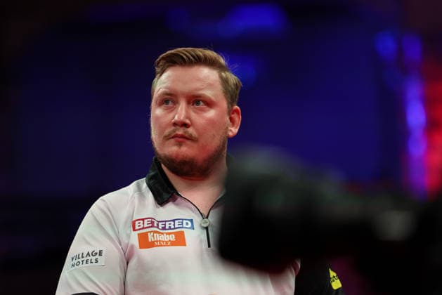 RECORD DATE NOT STATED 20th July 2026, Winter Gardens, Blackpool, Lancashire, England; 2026 Betfred World Matchplay Darts, Day Three; Martin Schindler AidanxHunter