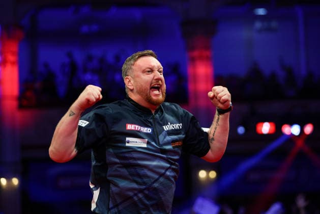RECORD DATE NOT STATED 20th July 2026, Winter Gardens, Blackpool, Lancashire, England; 2026 Betfred World Matchplay Darts, Day Three; Cameron Menzies celebrates after winning his game against Luke Humphries AidanxHunter