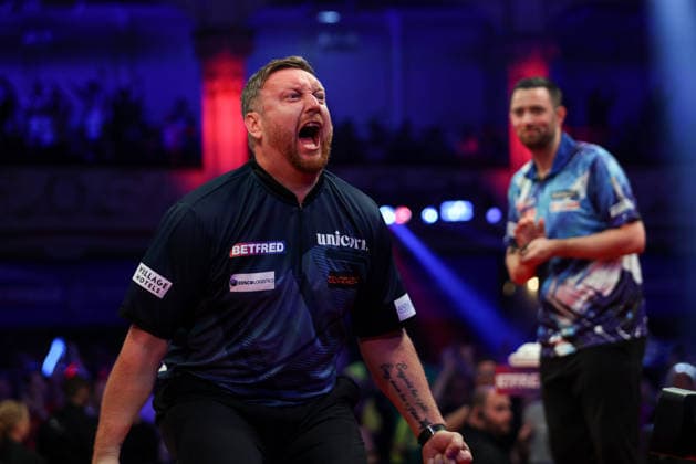 RECORD DATE NOT STATED 20th July 2026, Winter Gardens, Blackpool, Lancashire, England; 2026 Betfred World Matchplay Darts, Day Three; Cameron Menzies celebrates after winning his game against Luke Humphries AidanxHunter