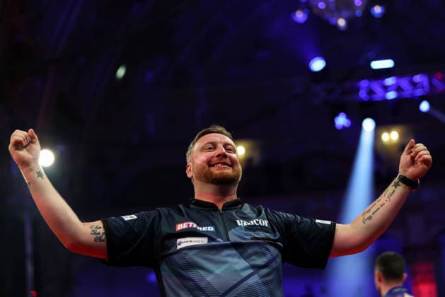RECORD DATE NOT STATED 20th July 2026, Winter Gardens, Blackpool, Lancashire, England; 2026 Betfred World Matchplay Darts, Day Three; Cameron Menzies celebrates after winning his game against Luke Humphries AidanxHunter