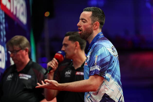 RECORD DATE NOT STATED 20th July 2026, Winter Gardens, Blackpool, Lancashire, England; 2026 Betfred World Matchplay Darts, Day Three; Luke Humphries reacts after missing a dart in his match against Cameron Menzies AidanxHunter