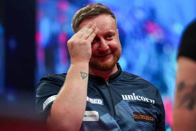 RECORD DATE NOT STATED 20th July 2026, Winter Gardens, Blackpool, Lancashire, England; 2026 Betfred World Matchplay Darts, Day Three; Cameron Menzies looking emotional after winning his game against Luke Humphries AidanxHunter