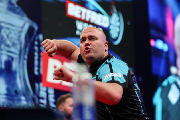 RECORD DATE NOT STATED 20th July 2026, Winter Gardens, Blackpool, Lancashire, England; 2026 Betfred World Matchplay Darts, Day Three; Rob Cross celebrates after winning his game against Danny Noppert AidanxHunter