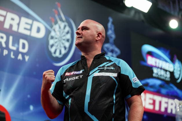 RECORD DATE NOT STATED 20th July 2026, Winter Gardens, Blackpool, Lancashire, England; 2026 Betfred World Matchplay Darts, Day Three; Rob Cross celebrates after winning his game against Danny Noppert AidanxHunter