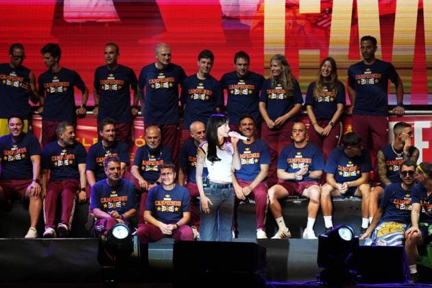 Celebrations of the Spanish national team, Nationalteam at Cibeles Square in Madrid, after Spain defeated Argentina in the World Cup final, on Monday, July 20, 2026, Singer Aitana Ocana SARA VALLEJO Cordon Press  CELEBRATION SPANISH TEAM