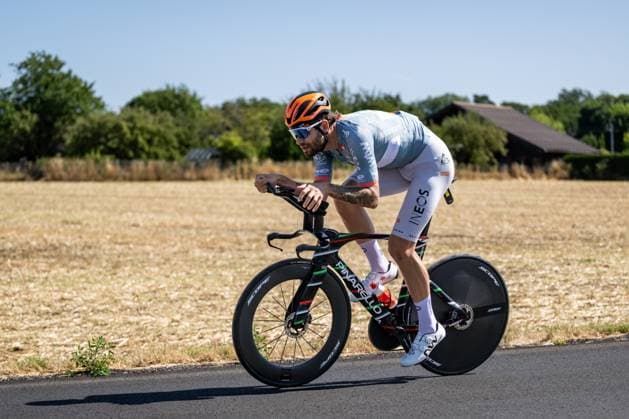 Italian Filippo Ganna of Netcompany-INEOS pictured in action during a reconnaissance round on the track of the stage 16 of the 2026 Tour de France cycling race, an individual Time Trial stage of 26km from Evian-les-Bains to Thonon-les-Bains, on Tuesday 21 July 2026. The 113th edition of the Tour de France starts on Saturday 4 July in Barcelona, Spain, and will finish in Paris, France on the 26th of July. DAVIDxPINTENS  x181641524x