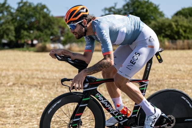 Italian Filippo Ganna of Netcompany-INEOS pictured in action during a reconnaissance round on the track of the stage 16 of the 2026 Tour de France cycling race, an individual Time Trial stage of 26km from Evian-les-Bains to Thonon-les-Bains, on Tuesday 21 July 2026. The 113th edition of the Tour de France starts on Saturday 4 July in Barcelona, Spain, and will finish in Paris, France on the 26th of July. DAVIDxPINTENS  x181641545x