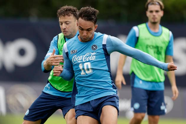 SSC Napoli preseason 2026-27 Napoli s Kosovar defender Amir Rrahmani and Napoli s Brazilian forward Giovane Santana do Nascimento during fifth day SSC Napoli s 2026-27 preseason training camp in val di sole in Trentino, Dimaro Folgarida July, 21 2026. _BPH7008 Copyright: xAntonioxBalascox
