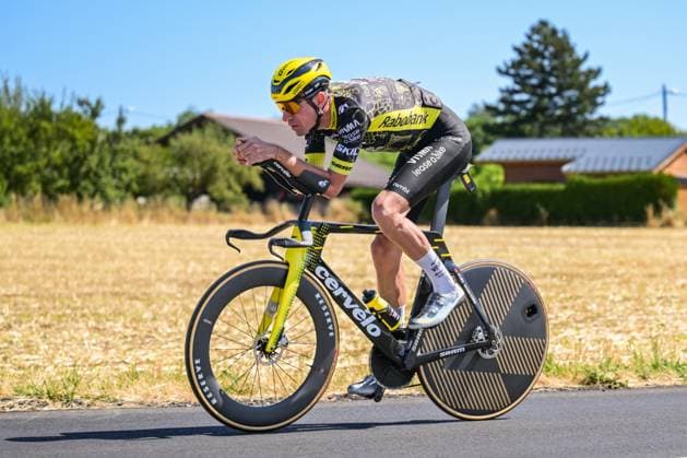 French Bruno Armirail of Team Visma-Lease a Bike pictured in action during a reconnaissance round on the track of the stage 16 of the 2026 Tour de France cycling race, an individual Time Trial stage of 26km from Evian-les-Bains to Thonon-les-Bains, on Tuesday 21 July 2026. The 113th edition of the Tour de France starts on Saturday 4 July in Barcelona, Spain, and will finish in Paris, France on the 26th of July. DAVIDxPINTENS  x181654402x