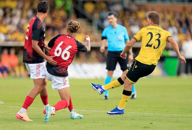 SÖLVESBORG, SWEDEN 20260721 Mjällby s 23 Ãki Samuelsen celebrates after his 1-0 goal during Tuesday s football match, second qualifying round for the Champions League, first leg Mjällby AIF- Lincoln Red Imps FC, at Strandvallen in Sölvesborg, Sweden, 21 July 2026. SÖLVESBORG SWEDEN x10600x *** SÖLVESBORG, SWEDEN, July 21, 2026 Mjällby S 23 Åki Samuelsen celebrates after scoring the 1-0 goal during Tuesday’s soccer match—the second qualifying round of the Champions League, first leg between Mjällby AIF and Lincoln Red Imps FC—at Strandvallen in Sölvesborg, Sweden, July 21, 2026 SÖLVESBORG SWEDEN x10600x  Copyright: xAndreasxHillergren TTx CHAMPIONS LEAGUE QUALIFYING MJÄLLBY-LINCOLN RED IMPS