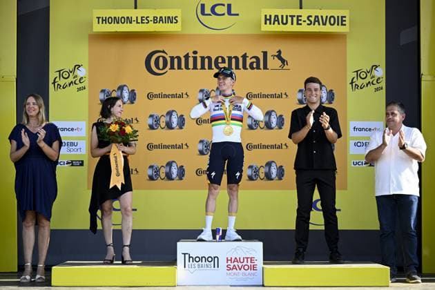 Belgian Remco Evenepoel of Red Bull-BORA-hansgrohe pictured on the podium after winning the stage 16 of the 2026 Tour de France cycling race, an individual Time Trial stage of 26km from Evian-les-Bains to Thonon-les-Bains, on Tuesday 21 July 2026. The 113th edition of the Tour de France starts on Saturday 4 July in Barcelona, Spain, and will finish in Paris, France on the 26th of July. JASPERxJACOBS  x181690265x