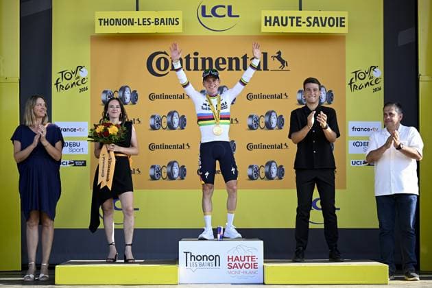 Belgian Remco Evenepoel of Red Bull-BORA-hansgrohe pictured on the podium after winning the stage 16 of the 2026 Tour de France cycling race, an individual Time Trial stage of 26km from Evian-les-Bains to Thonon-les-Bains, on Tuesday 21 July 2026. The 113th edition of the Tour de France starts on Saturday 4 July in Barcelona, Spain, and will finish in Paris, France on the 26th of July. JASPERxJACOBS  x181690283x