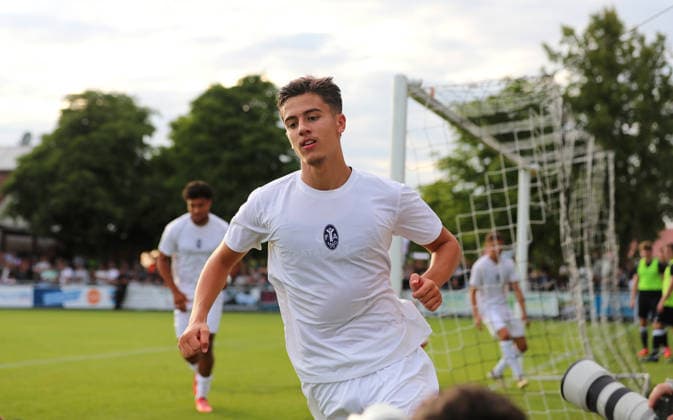 Fussball, Herren, Saison 2026 2027, SV Eintracht Berglern - TSV 1860 München, Toto-Pokal 0:3 durch Loris Husic (TSV 1860 München) Tor, Jubel *** Soccer, Men s, 2026–2027 Season, SV Eintracht Berglern vs. TSV 1860 Munich, Toto Cup 0–3; goal by Loris Husic of TSV 1860 Munich; celebration