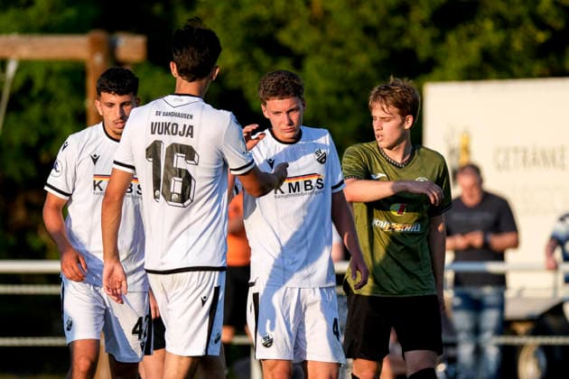 v.li.: Imad Jaadar (SVS, 42), Luka Vukoja (SVS, 16), Torschütze Batu Jonathan Akgöz (SVS, 45), Spieler vom SV Sandhausen (SVS), jubeln über das Tor zum 0:5, Jubel, Torjubel, Torerfolg, celebrate the goal, goal, celebration, jubelt ueber das Tor, Freuen, Freude, freut sich, optimistisch, positiv, Spielszene, Highlight, Action, Aktion, 21.07.2026, Eppelheim (Deutschland), Fussball, Testspiel, ASV Eppelheim - SV Sandhausen *** From left: Imad Jaadar (SVS), 42, Luka Vukoja (SVS), 16, goal scorer Batu Jonathan Akgöz (SVS), 45, and a player from SV Sandhausen (SVS) celebrate the goal that made the score 0–5, Celebration, goal celebration, scoring a goal, celebrate the goal, goal, celebration, celebrating the goal, rejoicing, joy, happy, optimistic, positive, game scene, highlight, action, 21 07 2026, Eppelheim, Germany, soccer, friendly match, ASV Eppelheim vs. SV Sandhausen xozx