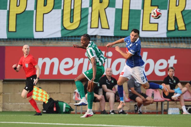 Blerim Krasniqi (right) of Drita is in action against ƒKauan of Floriana during the UEFA Conference League Second qualifying round, 1st Leg match between Floriana and Drita at Centenary Stadium, Ta Qali, Malta on 21 July, 2026. Floriana v Drita - UEFA Conference League Second Qualifying Round 1st Leg
