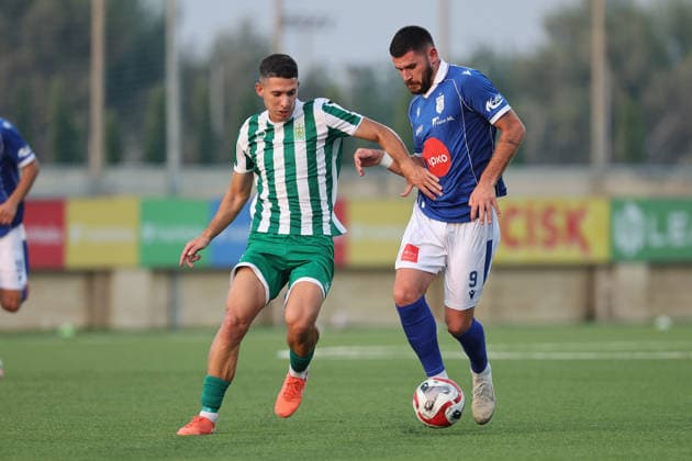 Arb Manaj (right) of Drita is in action against ƒAlen Kurtalic of Floriana during the UEFA Conference League Second qualifying round, 1st Leg match between Floriana and Drita at Centenary Stadium, Ta Qali, Malta on 21 July, 2026. Floriana v Drita - UEFA Conference League Second Qualifying Round 1st Leg