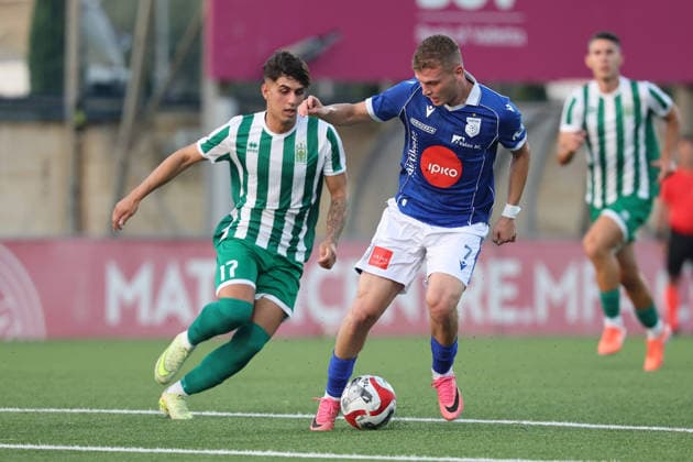 Igball Jashari (right) of Drita is in action against Owen Spiteri of Floriana during the UEFA Conference League Second qualifying round, 1st Leg match between Floriana and Drita at Centenary Stadium, Ta Qali, Malta on 21 July, 2026. Floriana v Drita - UEFA Conference League Second Qualifying Round 1st Leg