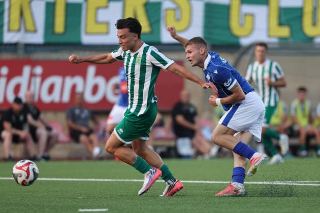 Igball Jashari (right) of Drita is in action against Carlo Lonardelli of Floriana during the UEFA Conference League Second qualifying round, 1st Leg match between Floriana and Drita at Centenary Stadium, Ta Qali, Malta on 21 July, 2026. Floriana v Drita - UEFA Conference League Second Qualifying Round 1st Leg