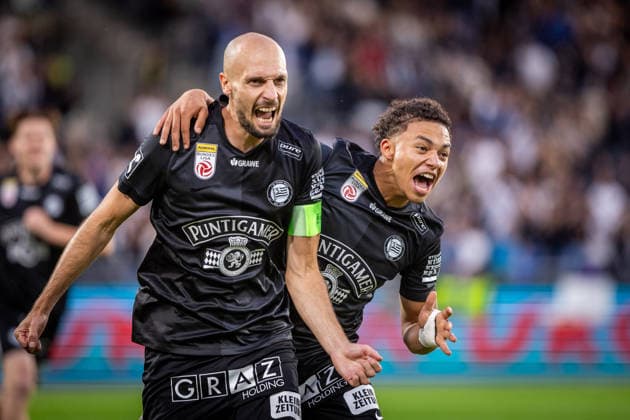 STURM GRAZ - HEARTS Jon Gorenc Stankovic of Sturm celebrates a goal during the first leg of second qualifying round of UEFA Champions League football match between Sturm Graz and Heart of Midlothian FC at the Merkur Arena (Stadion Graz Liebenau). Graz, Austria, July 21, 2026. Photo by Branislav Racko Copyright: xx 080A1341