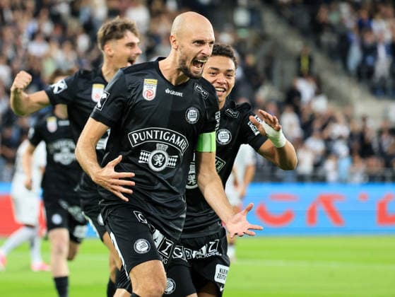 SOCCER - UEFA CL, Sturm vs Hearts GRAZ,AUSTRIA,21.JUL.26 - SOCCER - UEFA Champions League, qualification, SK Sturm Graz vs Heart of Midlothian FC. Image shows the rejoicing of Jon Gorenc-Stankovic, Jacob Peter Hoedl and Szymon Wlodarczyk (Sturm).  GEPAxpictures xWolfgangxGrebien