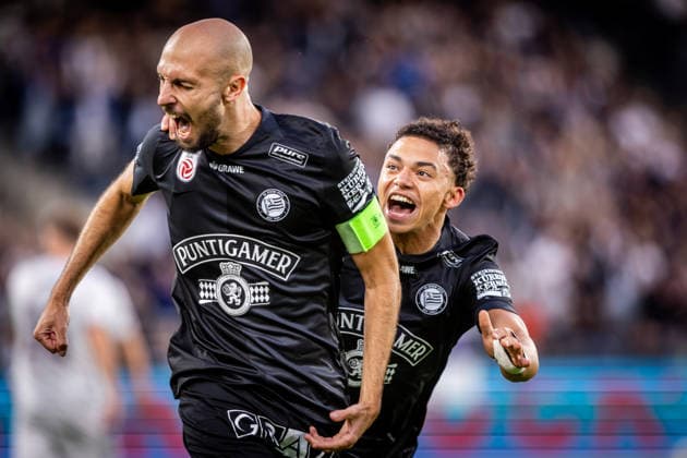 STURM GRAZ - HEARTS Jon Gorenc Stankovic and Jacob Peter Hodl of Sturm celebrate a goal during the first leg of second qualifying round of UEFA Champions League football match between Sturm Graz and Heart of Midlothian FC at the Merkur Arena (Stadion Graz Liebenau). Graz, Austria, July 21, 2026. Photo by Branislav Racko Copyright: xx 080A1348