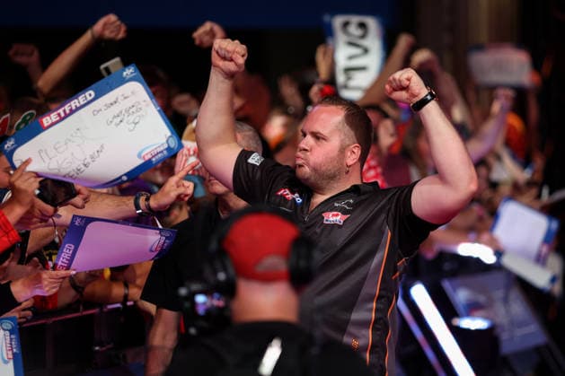 RECORD DATE NOT STATED 21st July 2026, Winter Gardens, Blackpool, Lancashire, England; 2026 Betfred World Matchplay Darts, Day Four; Dirk van Duijvenbode during his walk on AidanxHunter