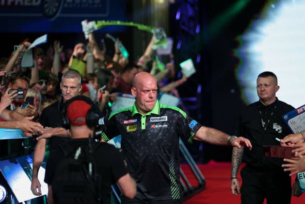 RECORD DATE NOT STATED 21st July 2026, Winter Gardens, Blackpool, Lancashire, England; 2026 Betfred World Matchplay Darts, Day Four; Michael van Gerwen during his walk on AidanxHunter