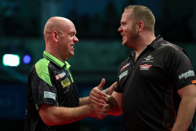 RECORD DATE NOT STATED 21st July 2026, Winter Gardens, Blackpool, Lancashire, England; 2026 Betfred World Matchplay Darts, Day Four; Michael van Gerwen and Dirk van Duijvenbode ahead of their game AidanxHunter