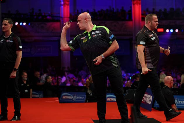 RECORD DATE NOT STATED 21st July 2026, Winter Gardens, Blackpool, Lancashire, England; 2026 Betfred World Matchplay Darts, Day Four; Michael van Gerwen in action at the oche during his game against Dirk van Duijvenbode AidanxHunter