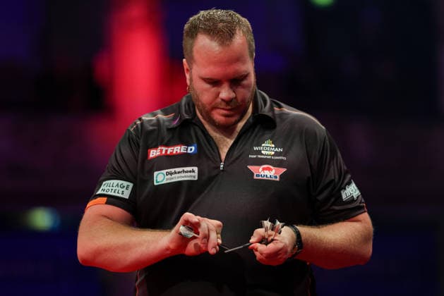 RECORD DATE NOT STATED 21st July 2026, Winter Gardens, Blackpool, Lancashire, England; 2026 Betfred World Matchplay Darts, Day Four; Dirk van Duijvenbode sharpening his dart after dropping it on the floor AidanxHunter