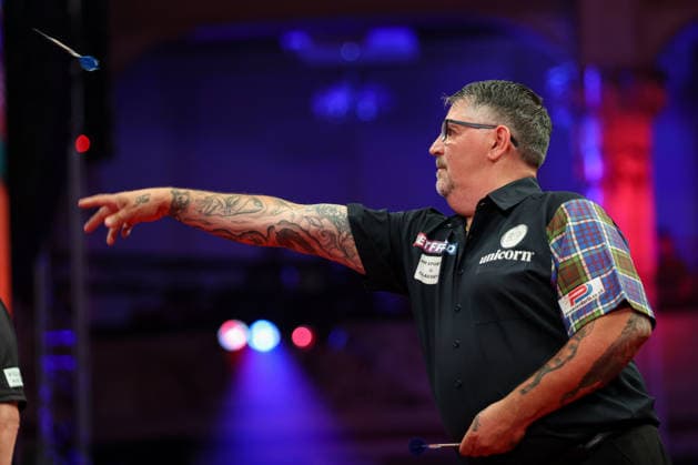 RECORD DATE NOT STATED 21st July 2026, Winter Gardens, Blackpool, Lancashire, England; 2026 Betfred World Matchplay Darts, Day Four; Gary Anderson in action at the oche during his game against Jonny Clayton AidanxHunter