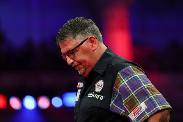 RECORD DATE NOT STATED 21st July 2026, Winter Gardens, Blackpool, Lancashire, England; 2026 Betfred World Matchplay Darts, Day Four; Gary Anderson looks dejected as he goes behind into the first break interval AidanxHunter