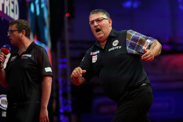 RECORD DATE NOT STATED 21st July 2026, Winter Gardens, Blackpool, Lancashire, England; 2026 Betfred World Matchplay Darts, Day Four; Gary Anderson reacts during his game against Jonny Clayton AidanxHunter