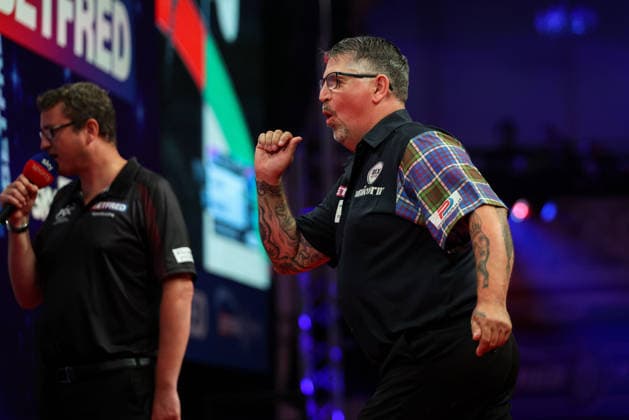 RECORD DATE NOT STATED 21st July 2026, Winter Gardens, Blackpool, Lancashire, England; 2026 Betfred World Matchplay Darts, Day Four; Gary Anderson reacts during his game against Jonny Clayton AidanxHunter