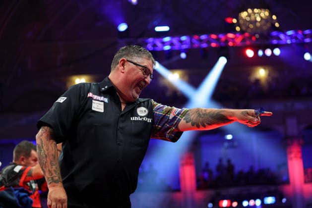 RECORD DATE NOT STATED 21st July 2026, Winter Gardens, Blackpool, Lancashire, England; 2026 Betfred World Matchplay Darts, Day Four; Gary Anderson celebrates after winning his game against Jonny Clayton AidanxHunter