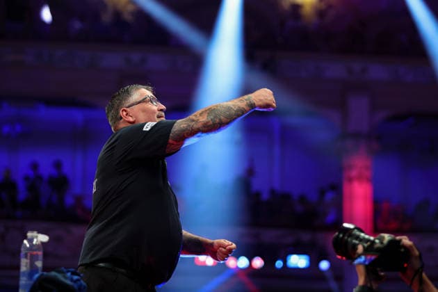 RECORD DATE NOT STATED 21st July 2026, Winter Gardens, Blackpool, Lancashire, England; 2026 Betfred World Matchplay Darts, Day Four; Gary Anderson celebrates after winning his game against Jonny Clayton AidanxHunter