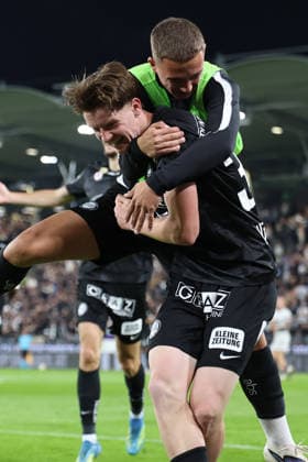 SOCCER - UEFA CL, Sturm vs Hearts GRAZ,AUSTRIA,21.JUL.26 - SOCCER - UEFA Champions League, qualification, SK Sturm Graz vs Heart of Midlothian FC. Image shows the rejoicing of Petar Petrovic and Luca Weinhandl (Sturm).  GEPAxpictures xChrisxBauer