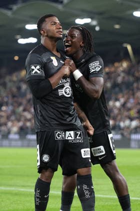 SOCCER - UEFA CL, Sturm vs Hearts GRAZ,AUSTRIA,21.JUL.26 - SOCCER - UEFA Champions League, qualification, SK Sturm Graz vs Heart of Midlothian FC. Image shows the rejoicing of Jeyland Mitchell and Seedy Jatta (Sturm).  GEPAxpictures xChrisxBauer