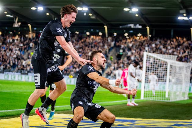 STURM GRAZ - HEARTS Jurgen Heil and Luca Weinhandl of Sturm celebrate a goal during the first leg of second qualifying round of UEFA Champions League football match between Sturm Graz and Heart of Midlothian FC at the Merkur Arena (Stadion Graz Liebenau). Graz, Austria, July 21, 2026. Photo by Branislav Racko Copyright: xx _BRR6443